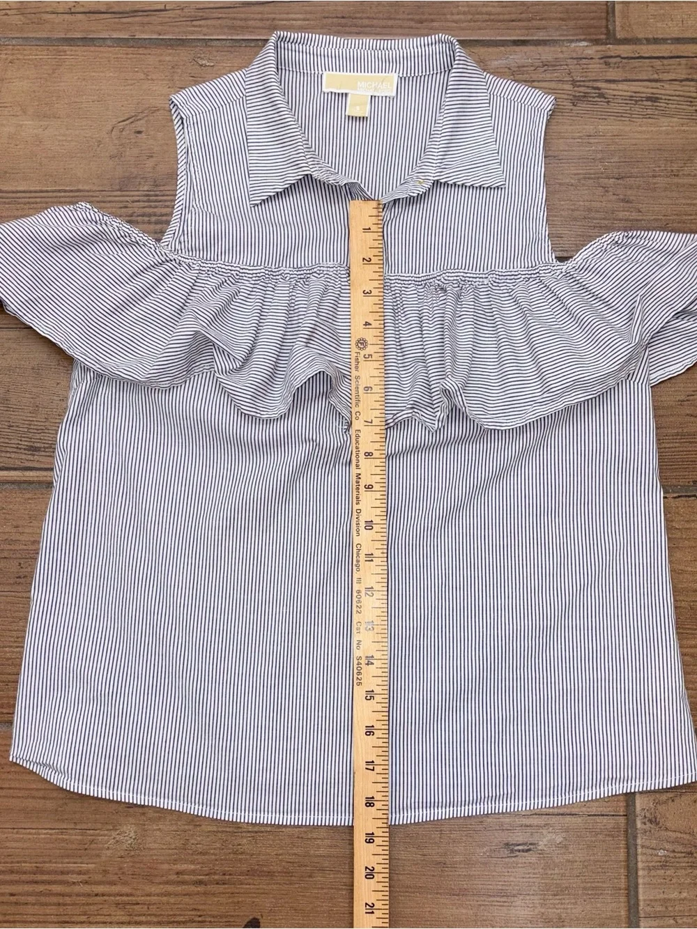 Michael Michael Kors Cotton Striped Cold-Shoulder Ruffle Blouse Preppy Chic S